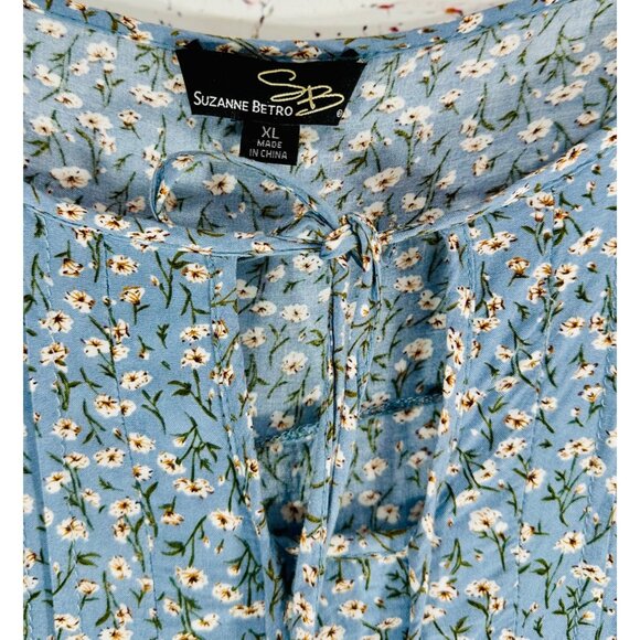 Suzanne Betro Blue Floral Long Sleeve Boho Blouse Womens XL Lightweight Rayon To - Picture 5 of 9